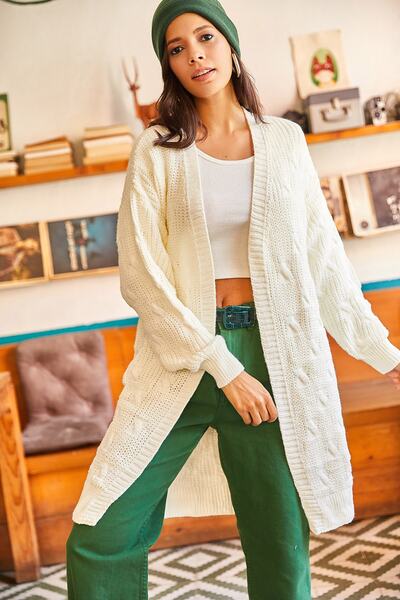 Olalook Kadın Ekru Saç Örgülü Kalın Triko Hırka HRK-19000171