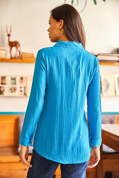 Olalook Cămașă țesută cu textură jacquard albastru deschis pentru femei GML - 19001043