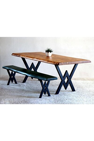 Mobenta Doğal Ağaç Masif Kütük Masa 75cm X 185cm + 1 Bank Bench ( Metal Ayak )