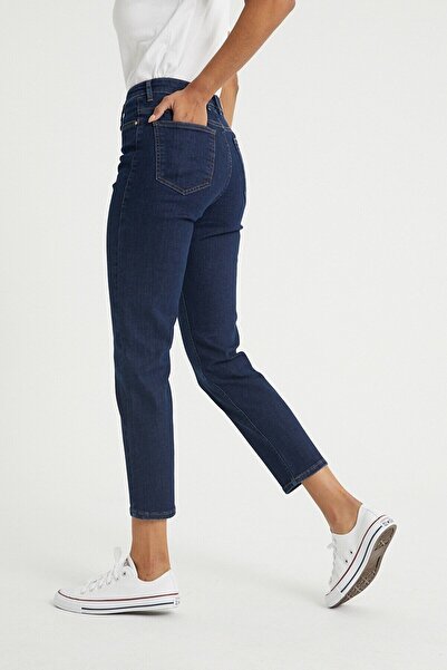 LİMABEL Lidya Blugi Mom Albastru Inchis Lycra Talie Inalta Blue Snow Washed Blugi Mom Extra Confortabil