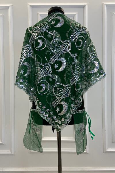 ZEYMERADE Yeşil Damat Sağdıç Kına Omuz Örtüsü, Şalı, Kına Duvağı Eldivenli Osmanlı Tuğralı