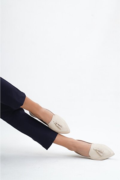 Deripabuc Genuine Leather Beige Women's Leather Ballerinas Dp58-4026