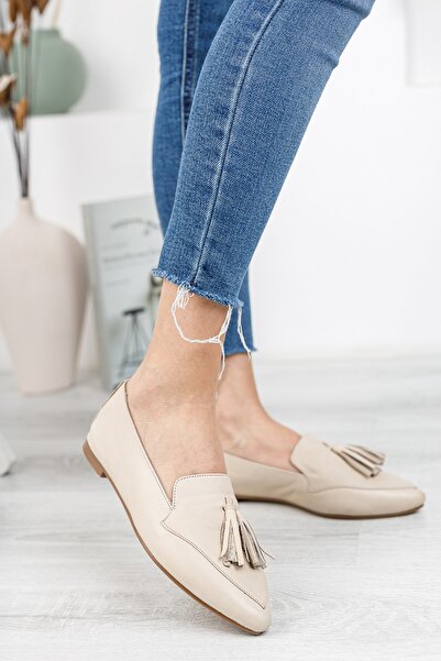 Deripabuc Genuine Leather Beige Women's Leather Ballerinas Dp58-4026