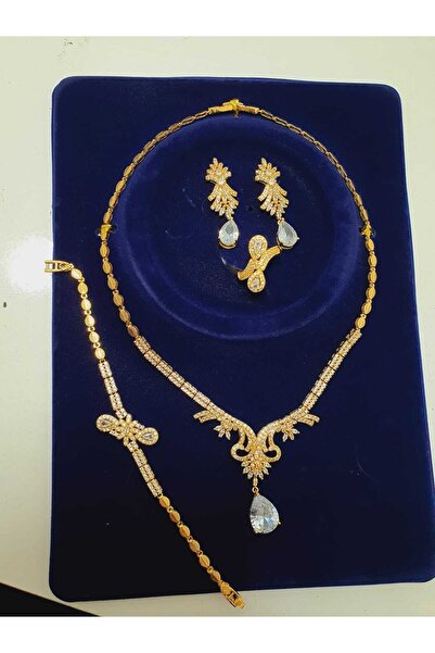 barisiva gold 22 Ayar Altın Kaplama Zirkon Taşlı Kolye Yüzük Küpe Bileklik Set