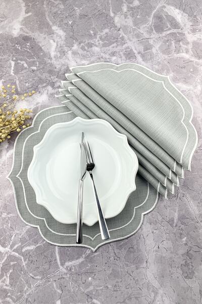 WEARE2 Gri Renkli Beyaz Çift Sargı Nakışlı 6'lı Amerikan Servis