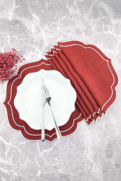 WEARE2 مفارش أطباق مطرزة بطبقة مزدوجة بيضاء اللون بورجوندي مكونة من 6 قطع