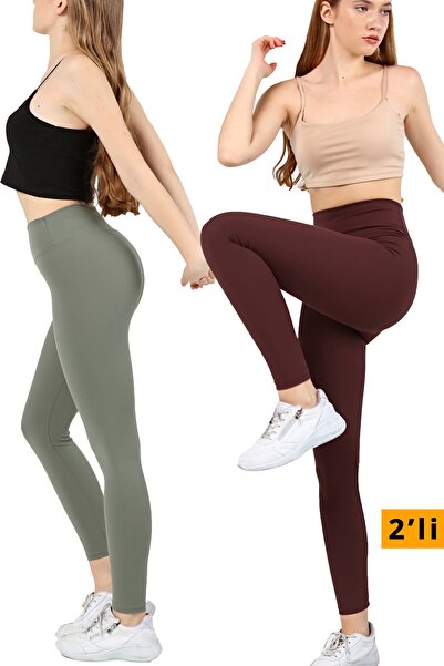 VOSSAX 2'li Tayt Fitilli Yüksek Bel Toparlayıcı Spor Tayt Haki+kahve