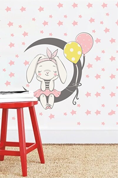 PANDA SOKAĞI Cute Rabbit Sitting on the Moon and Stars Kids Room Wall Sticker