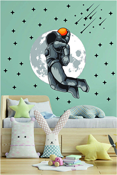 PANDA SOKAĞI Astronaut And Stars Playing Basketball in Space Kids Room Wall Decoration Sticker