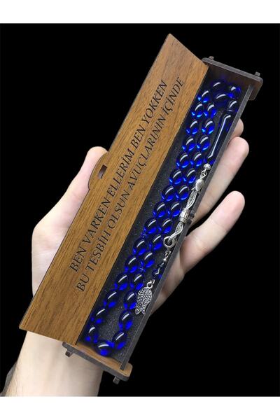 KANUNİ TESBİH Sancak Tasseled Dark Blue Amber Imitation Prayer Beads with Woo...