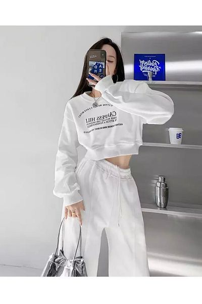 BE QUEEN Special Production Carpess Hili Printed 100% Cotton Full Winter Oversize Crop Women's Tracksuit Set