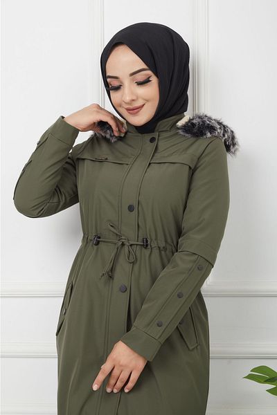 KMKkombin Water Prof Khaki Fur Lined Winter Full Length Women's Long Topcoat Coat
