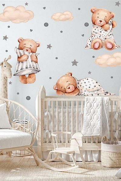 PANDA SOKAĞI 3-Piece Sleeping Teddy Bear Clouds and Stars Kids Baby Room Sticker Set 35x50