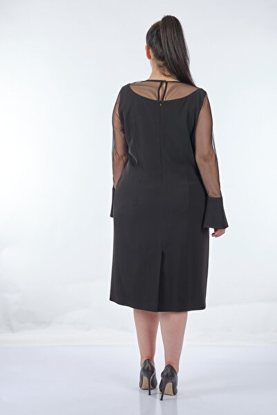 Ekol Round Neck Large Size Tulle Detailed Long Sleeve Black Women's Dress22204507