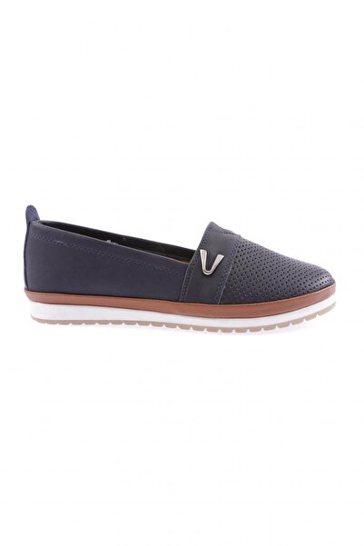 DGN Women's Laser Printed Side V Buckle Comfort Shoes Navy Blue Genuine Leath...