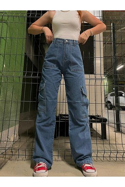 Touz Y2k Recycled Blue Cargo Pocket Φαρδύ τζιν ποδιών