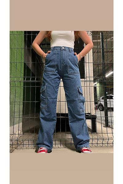 Touz Y2k Recycled Blue Cargo Pocket Φαρδύ τζιν ποδιών