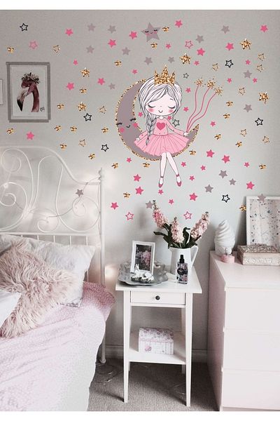 ENGINPRINT Cute Girl Sitting on the Moon Kids Room Wall Sticker Set
