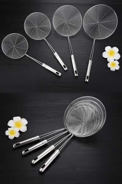 Tilbe Home Steel Colander Strainer Metal Handle Pumpkin Vegetable French Fry Oil Strainer Wire Ladle 4-Piece Serving Set