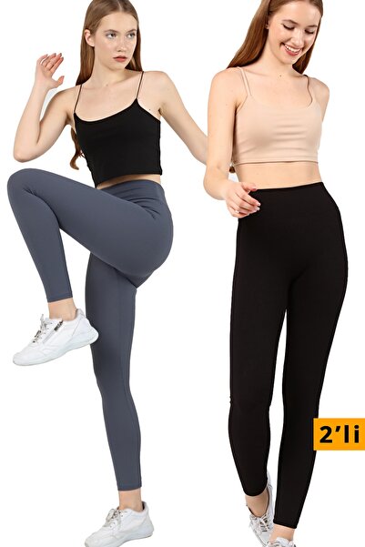 VOSSAX 2'li Tayt Fitilli Yüksek Bel Toparlayıcı Spor Tayt Siyah+indigo