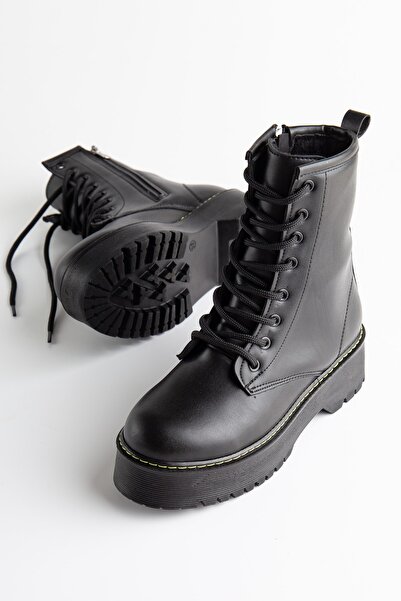 SUENO SHOES Kadın Kalın Taban Siyah Cilt Deri Bot Fermuarlı Bağcıklı Kaymaz T...