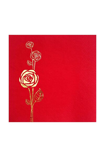 Story 33 سم منديل ورقي أحمر مزخرف بأزهار ذهبية 16 قطعة