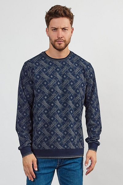 ENQUE Men's Long Patterned Knitwear Crew Neck Navy Blue Sweatshirt