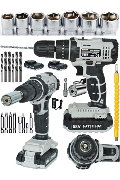 Mager Alman Metal Şanzıman 58 Watt 5 Ah Li-ıon Bataryalı Çift Akülü Darbeli V...