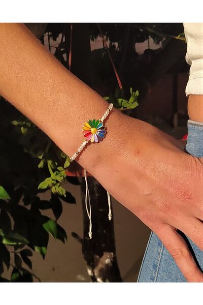 TÜKKAN ACCESSORİES Papatya Figür Inci Detay Makrome Örgü Bileklik