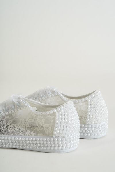 DARUGA Alçak Taban Incili Dantelli Gelinlik Abiye Ayakkabı