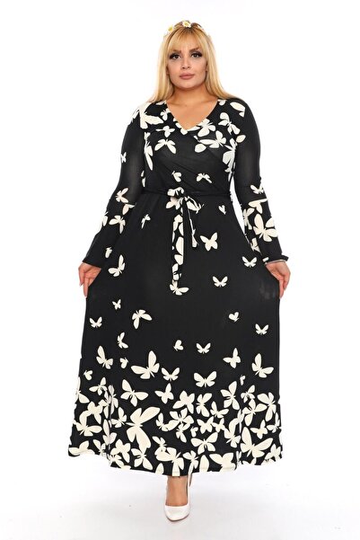 Mami Plus Size Black Butterfly Pattern Double Breasted Neck Tie Waist Long Maxi Crepe Fabric Dress