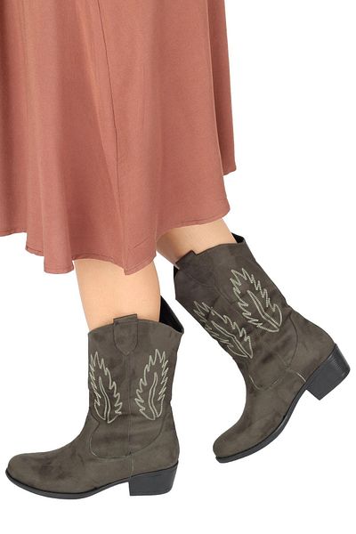 Modabuymus Χακί Πράσινο Suede Daily Κοντό Τακούνι Cowboy Boots - Nana