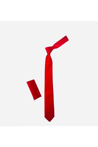 Gaffy Red Slim Fit Thin Solid Color Satin Tie with Handkerchief - Klr/sk-02