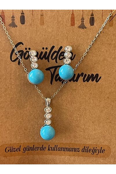 Gönülden Tasarım Design Zircon Stone Blue Beaded Necklace Earring Set