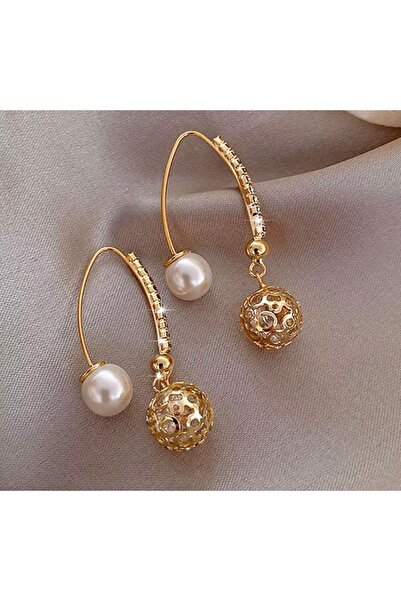 elvin aksesuar Gold Color Pearl Zircon Stone Style Earrings