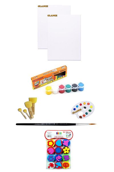 GLANCE Funny Kids 6x15 ml Finger Paint 25x35 Canvas 4-Piece Pompom Brush Starter Set