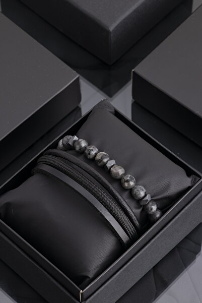 Sortie Aksesuar Black Genuine Leather and Hematite Natural Stone Men's Combin...