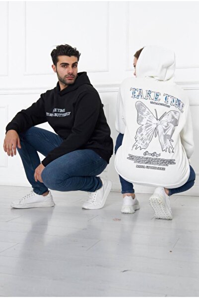 kargasa Butterfly Printed Black Oversize Hooded Sweatshirt