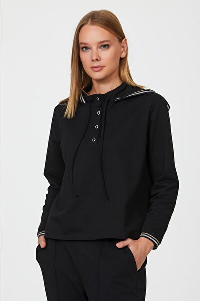 İKİLER Yakası Çıtçıtlı Sim Şeritli Kapşonlu S-shirt 223-2104