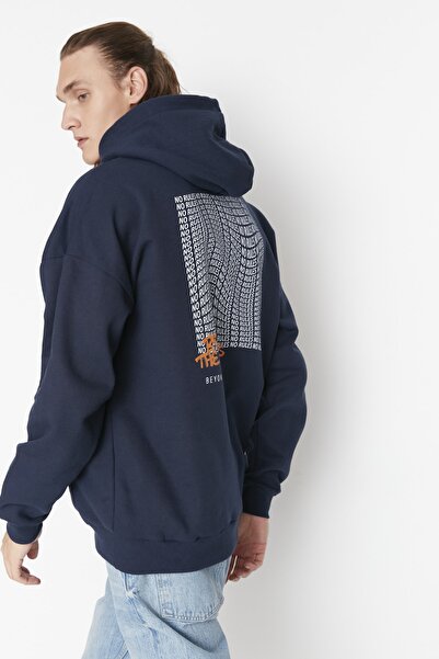 Trendyol Collection Sötétkék túlméretezett szövegnyomott polár pulóver - TMNAW23sw00016