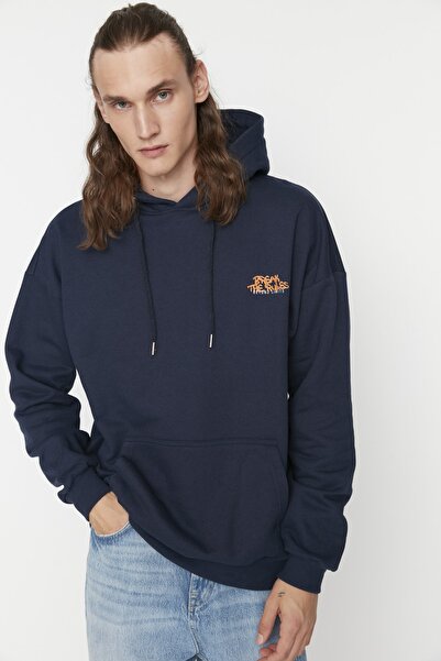 Trendyol Collection Sötétkék túlméretezett szövegnyomott polár pulóver - TMNAW23sw00016