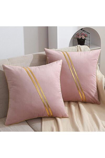 Bc Home 2'li Pembe, Altın Biyeli Ve Deri Şeritli Kadife Görünümlü Kırlent Kılıfı