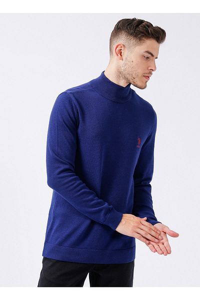 U.S. Polo Assn. Pulover pentru bărbați albastru cu gât roscat complet Ybs-sk22