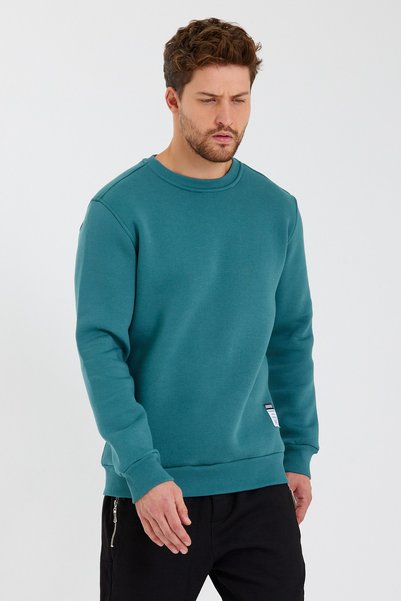 CLIPMAN Hanorac pentru bărbați, slim fit, cu decolteu roșu, uni, neimprimat, cu 3 fire, verde