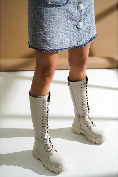 DİVOLYA Καθημερινές γυναικείες μπότες Maksy Beige Lace Up με φερμουάρ στο πλάι