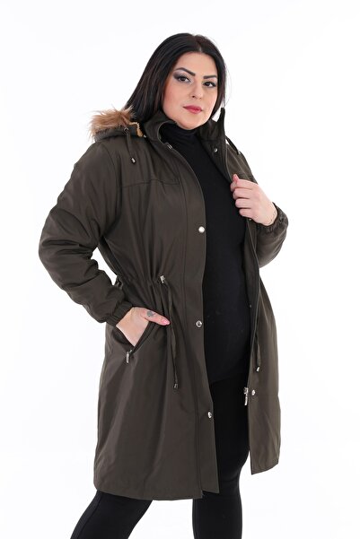 TUTveAL Collection Women's Water Resistant Plus Size Coat Hooded Long Khaki Coat Bonded Fabric Inside Fur Coat