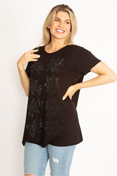 Şans Women's Large Size Black Stone Detailed Blouse 65n34565