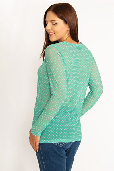Şans Γυναικεία μπλούζα από τούλι σε μεγάλο μέγεθος πράσινο πουά 65n34576