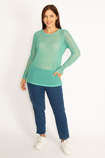 Şans Γυναικεία μπλούζα από τούλι σε μεγάλο μέγεθος πράσινο πουά 65n34576