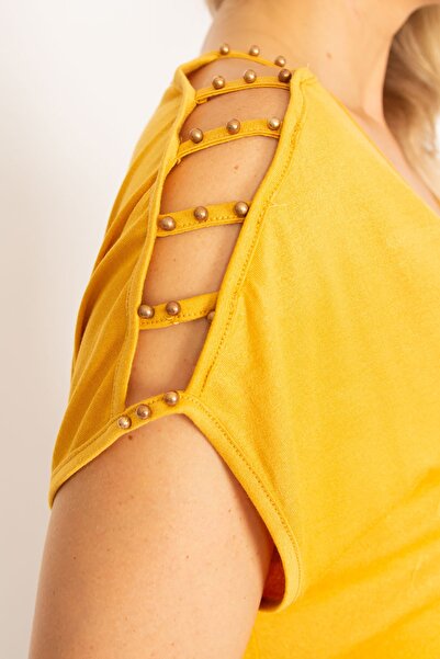 Şans Γυναικεία Μπλούζα Περλέ Ώμου Mustard Plus Size 65n34555